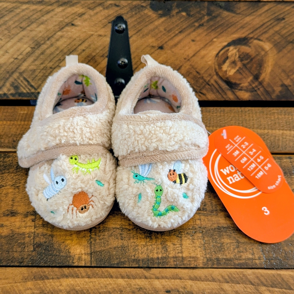 Wonder Nation Baby Boys Embroidered Bugs Slippers 3-6 Months Fastener Strap NWT